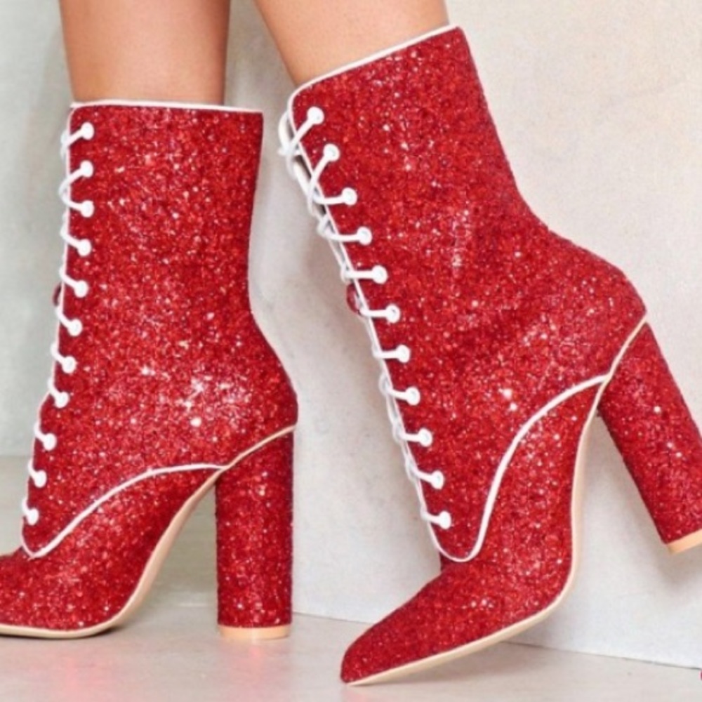 CAPE ROBBIN Red Glitter Chunky Round Heel Mid Calf Lace Up Boots Ladies Size 6